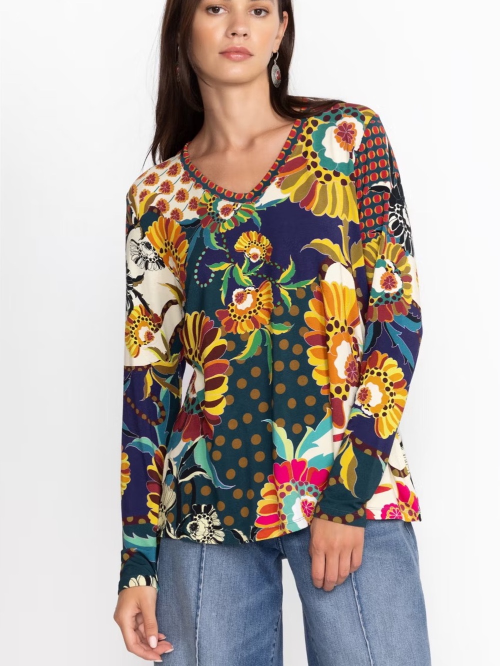 Johnny Was Janie Favorite Kimbra Print Long Sleeve V-Neck Swing Long Sleeve Top